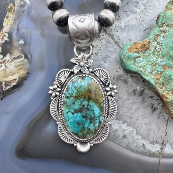 Sterling Silver Southwestern Style Oval Turquoise Decorated Pendant For Women - Picture 1 of 10
